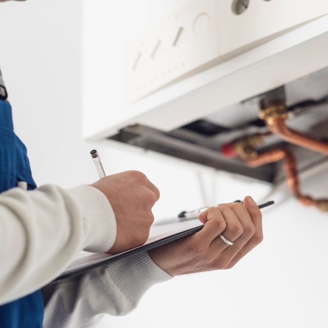 Professional plumber doing a boiler check